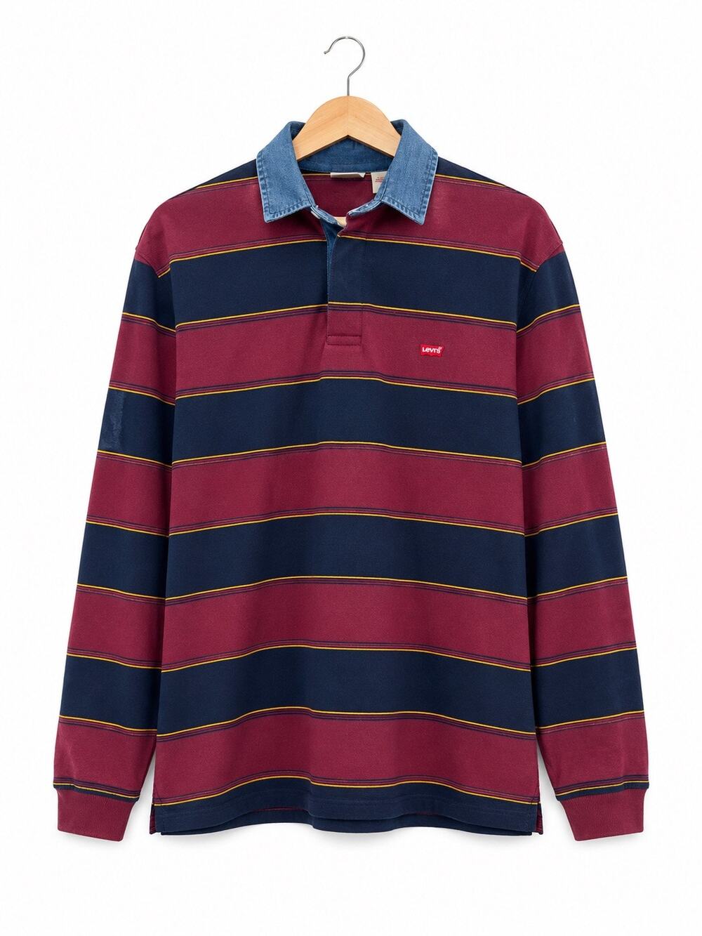 Levi's Preppy Rugby Polo Shirt Men Large Maroon Navy Striped Classic Varsity